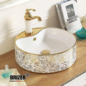 Chậu Lavabo Rửa Mặt Đặt BànTròn Hoa Văn Vàng Brizer BZ8436