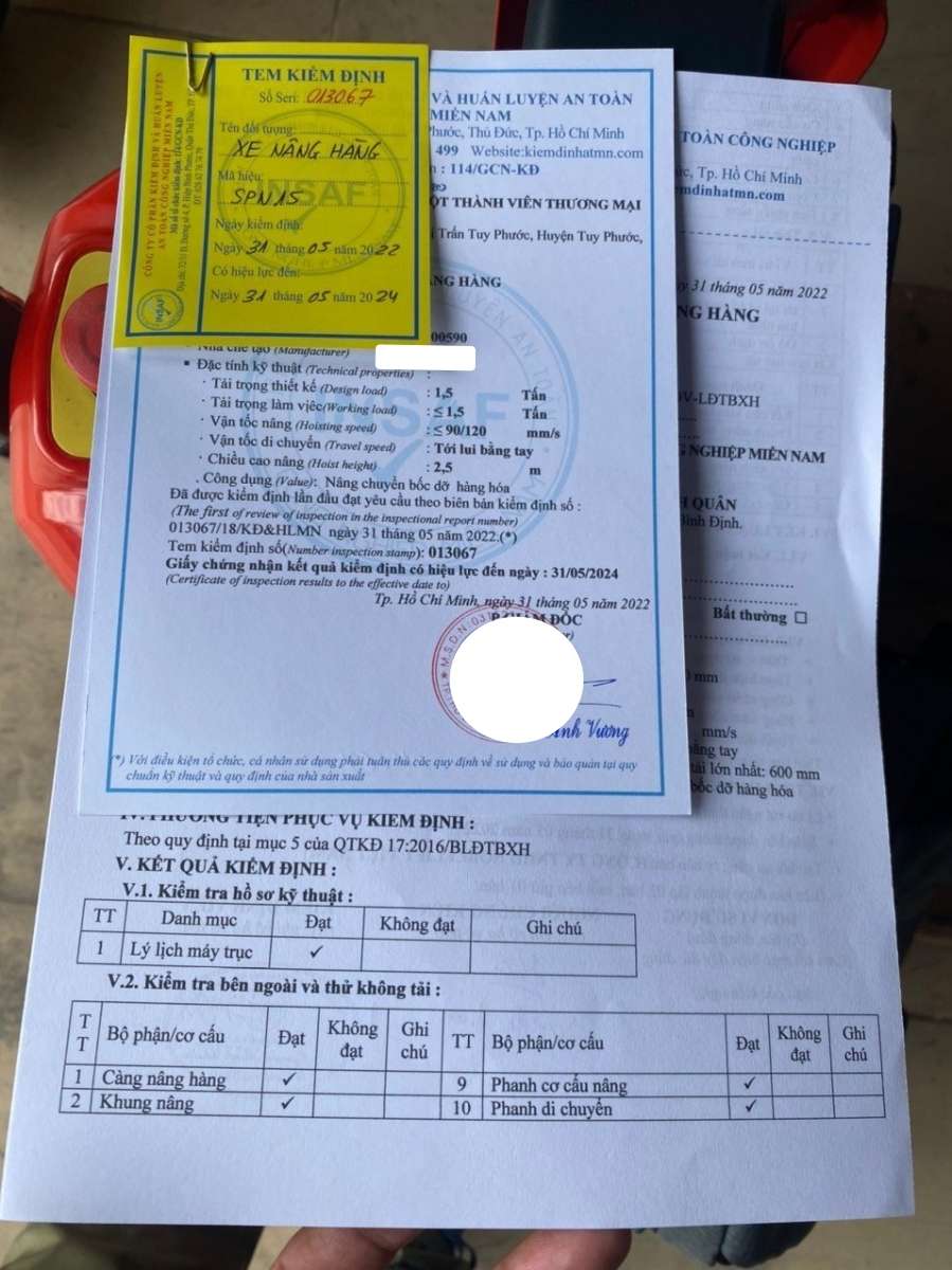 Chứng chỉ kiểm định xe nâng hàng