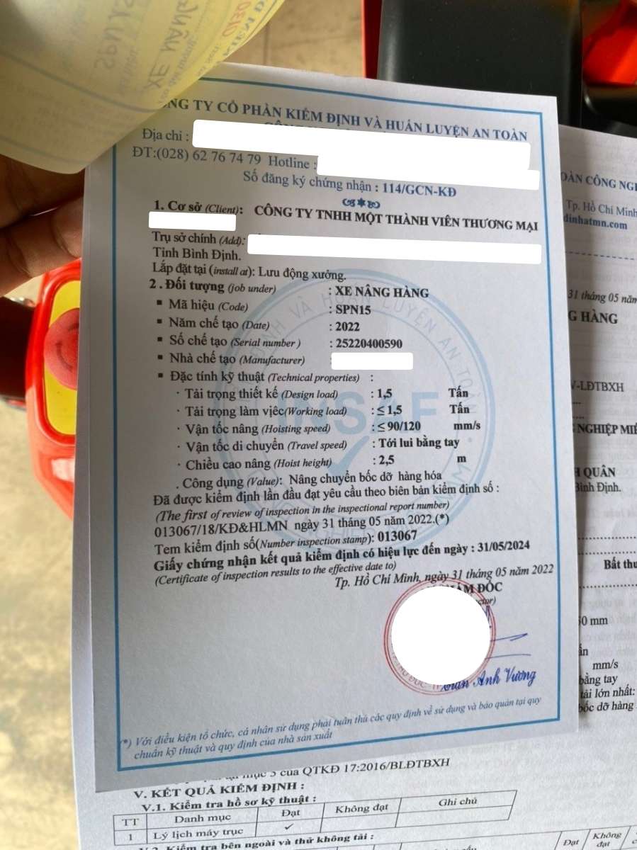 Chứng chỉ kiểm định xe nâng hàng