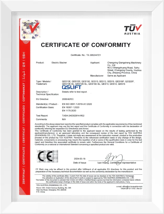 Chứng nhận chất lượng xe nâng Cường Thịnh - TUV AUSTRIA