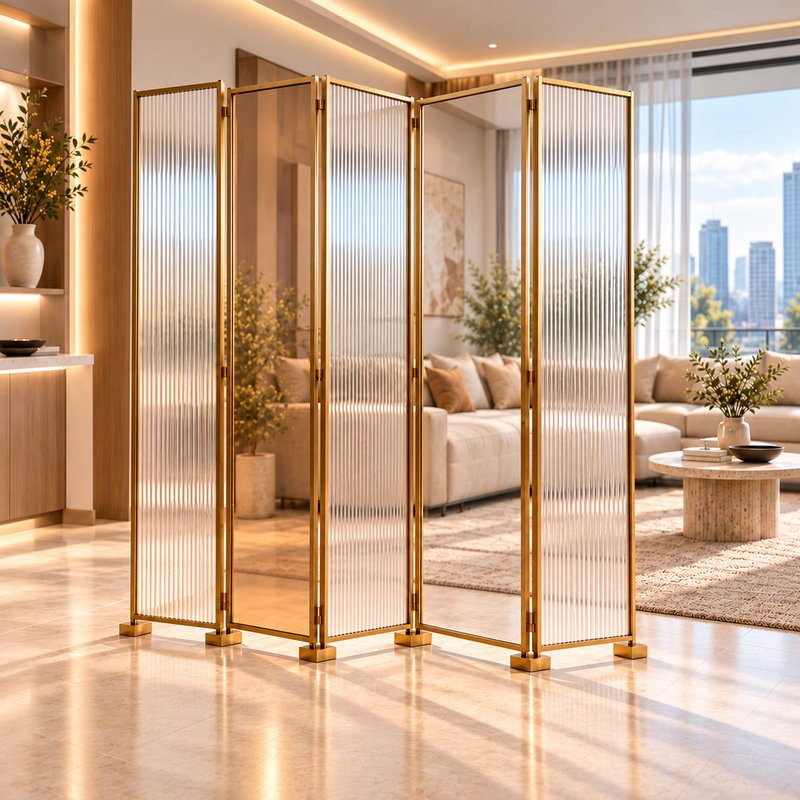 Phối cảnh minh họa vách kính nghệ thuật Nhịp Sáng trong phòng khách