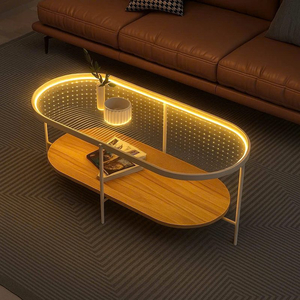 Bàn trà oval hai tầng khung kem, mặt hiệu ứng LED vàng