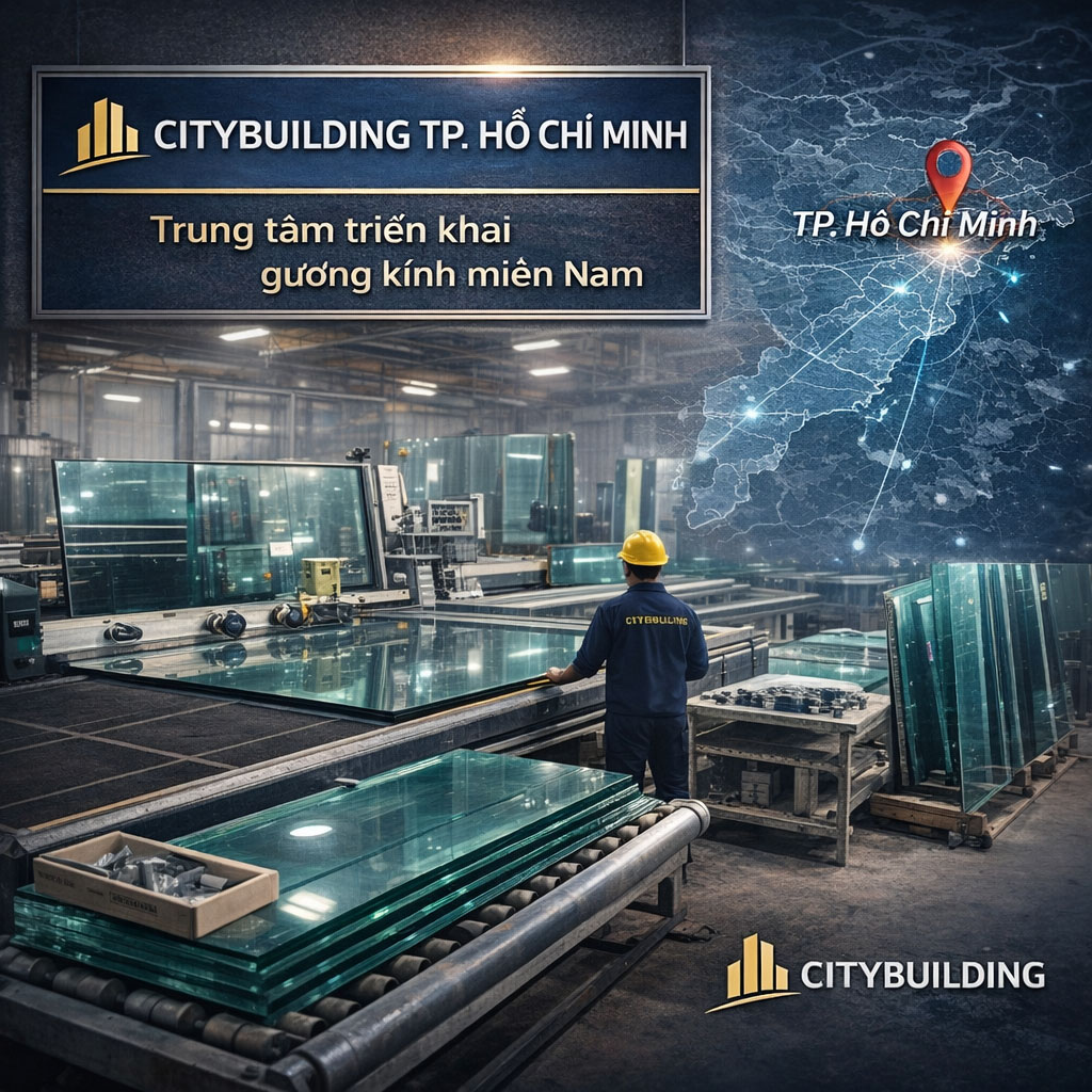 Citybuilding TP. Hồ Chí Minh là trung tâm triển khai các hạng mục gương – kính tại khu vực phía Nam, vận hành theo tiêu chuẩn sản xuất và kiểm soát chất lượng thống nhất của Citybuilding.