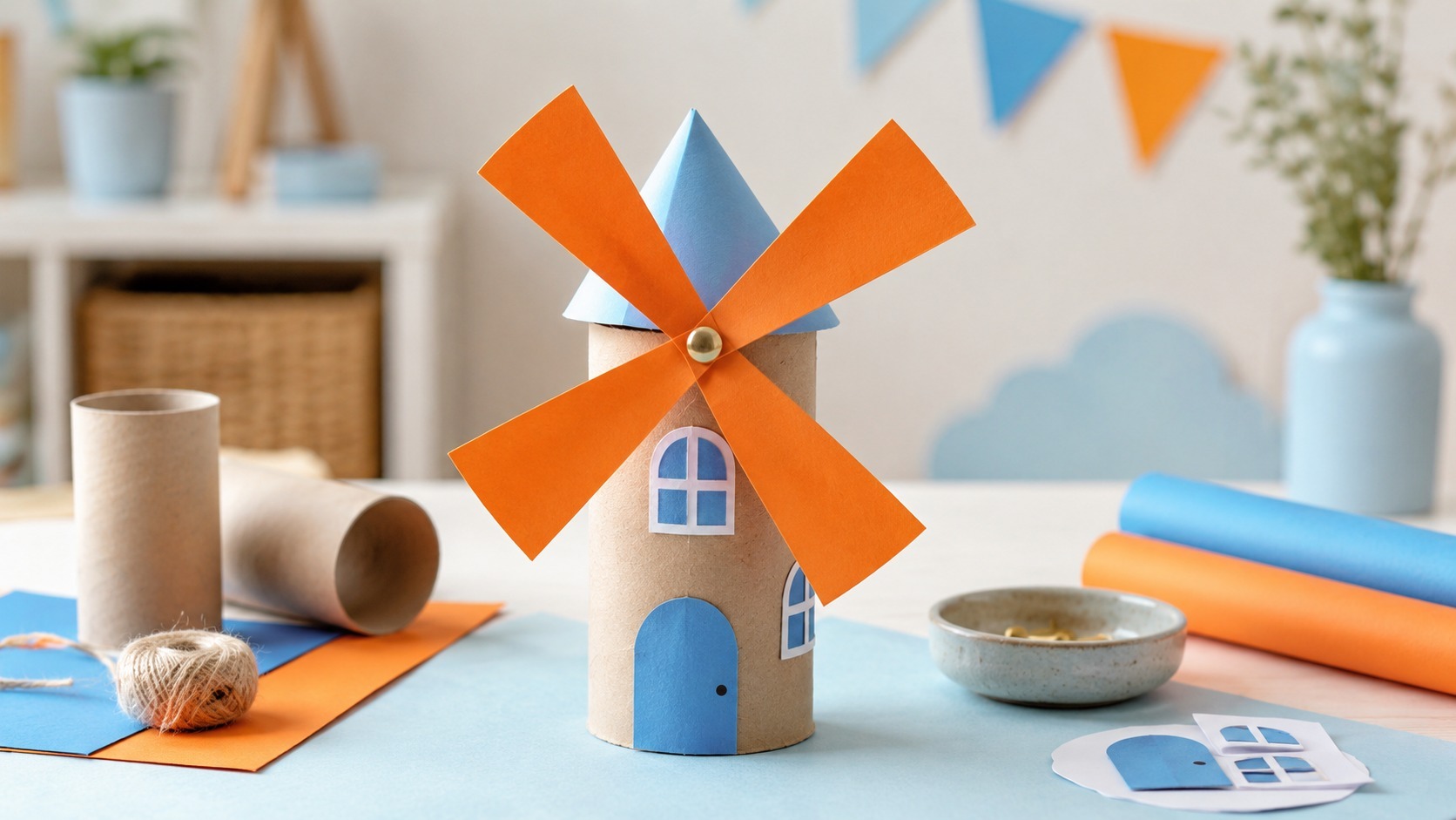 Cối xay gió handmade với bốn cánh giấy màu cam nổi bật.