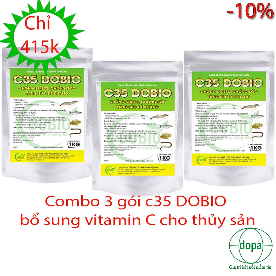 COMBO 3 GÓI C35 DOBIO VITAMIN C CHỐNG STRESS CHỐNG SỐC TĂNG SỨC ĐỀ KHÁNG PHÒNG TRỊ BỆNH CHO THUỶ SẢN CÁ TÔM