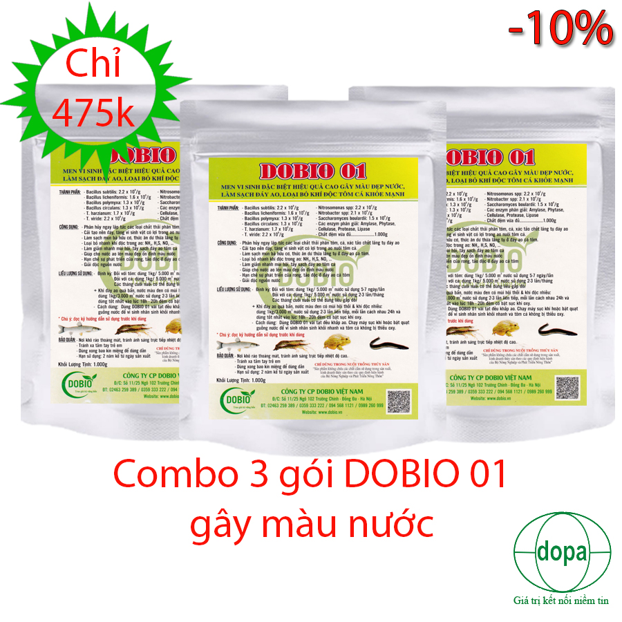 COMBO 3 GÓI DOBIO 01 - MEN VI SINH ĐẶC BIỆT ĐỂ GÂY MÀU NƯỚC ĐẸP, LÀM SẠCH ĐÁY LOẠI BỎ KHÍ ĐỘC AO HỒ NUÔI THUỶ SẢN