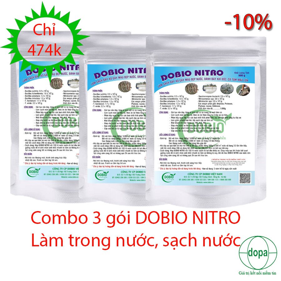 COMBO 3 GÓI DOBIO NITRO 500G LÀM TRONG NƯỚC, SẠCH NƯỚC, PHÂN HỦY MÙN BÃ HỮU CƠ DƯ THỪA.