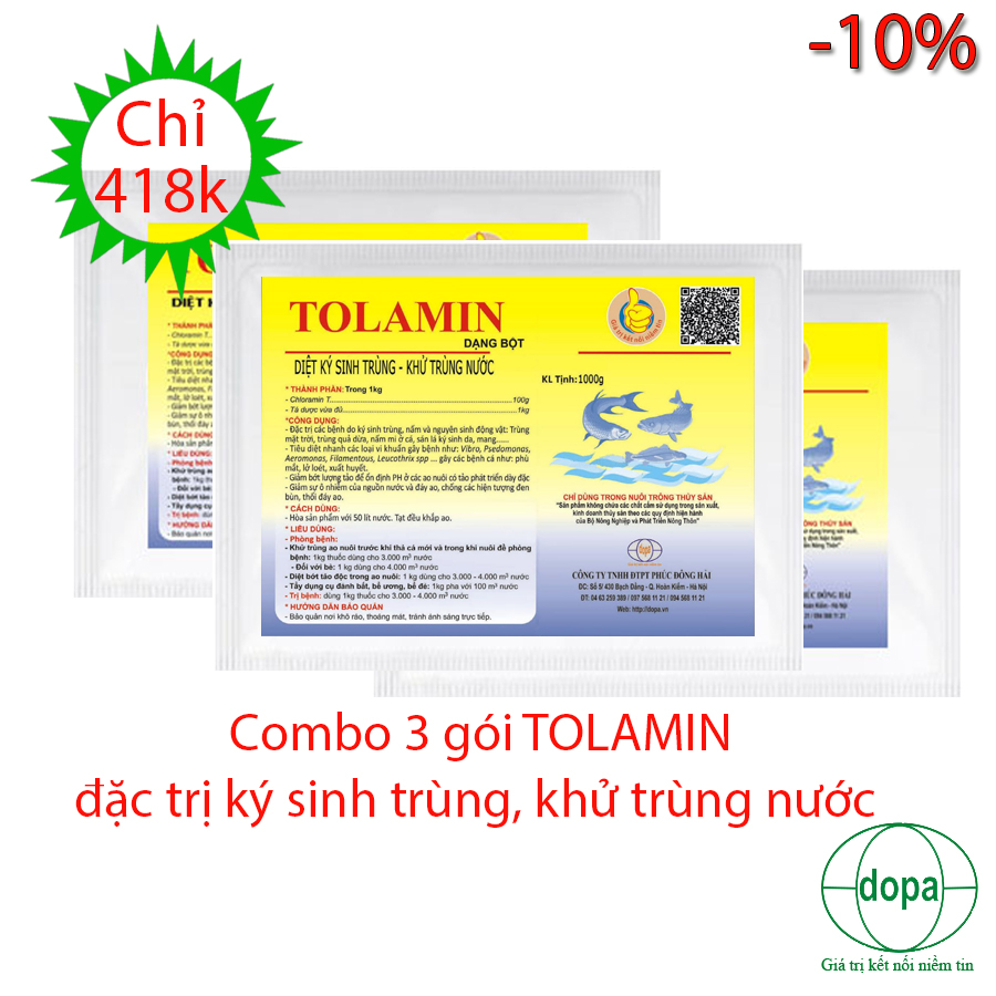 COMBO 3 GÓI TOLAMIN ĐẶC TRỊ KÝ SINH TRÙNG - KHỬ TRÙNG NƯỚC HIỆU QUẢ CHO THỦY SẢN