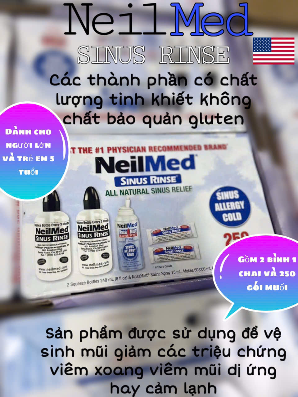 Combo chai xịt + 250 gói muối Neilmed (mỹ)