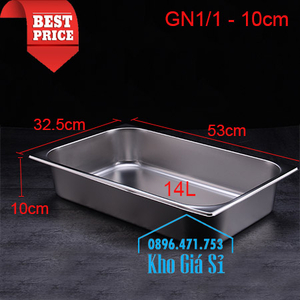 Khay inox 1/1 chiều cao 10cm đựng giữ lạnh thức ăn hải sản tươi sống, rau củ quả