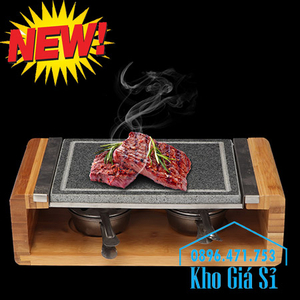 Bộ đá nướng thịt Hàn Quốc BBQ hình chữ nhật có giá đỡ bằng gỗ giữ nóng bằng cồn