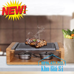 Bộ đá nướng thịt Hàn Quốc BBQ hình chữ nhật có giá đỡ bằng gỗ giữ nóng bằng cồn