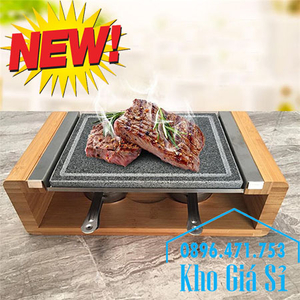 Bộ đá nướng thịt Hàn Quốc BBQ hình chữ nhật có giá đỡ bằng gỗ giữ nóng bằng cồn