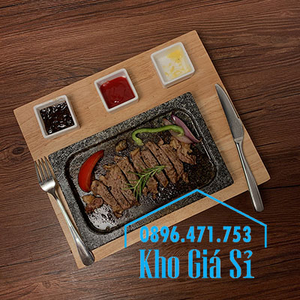 Dĩa đá nóng ăn bò bít tết, bò nướng Nhật Bản có khay gỗ phục vụ