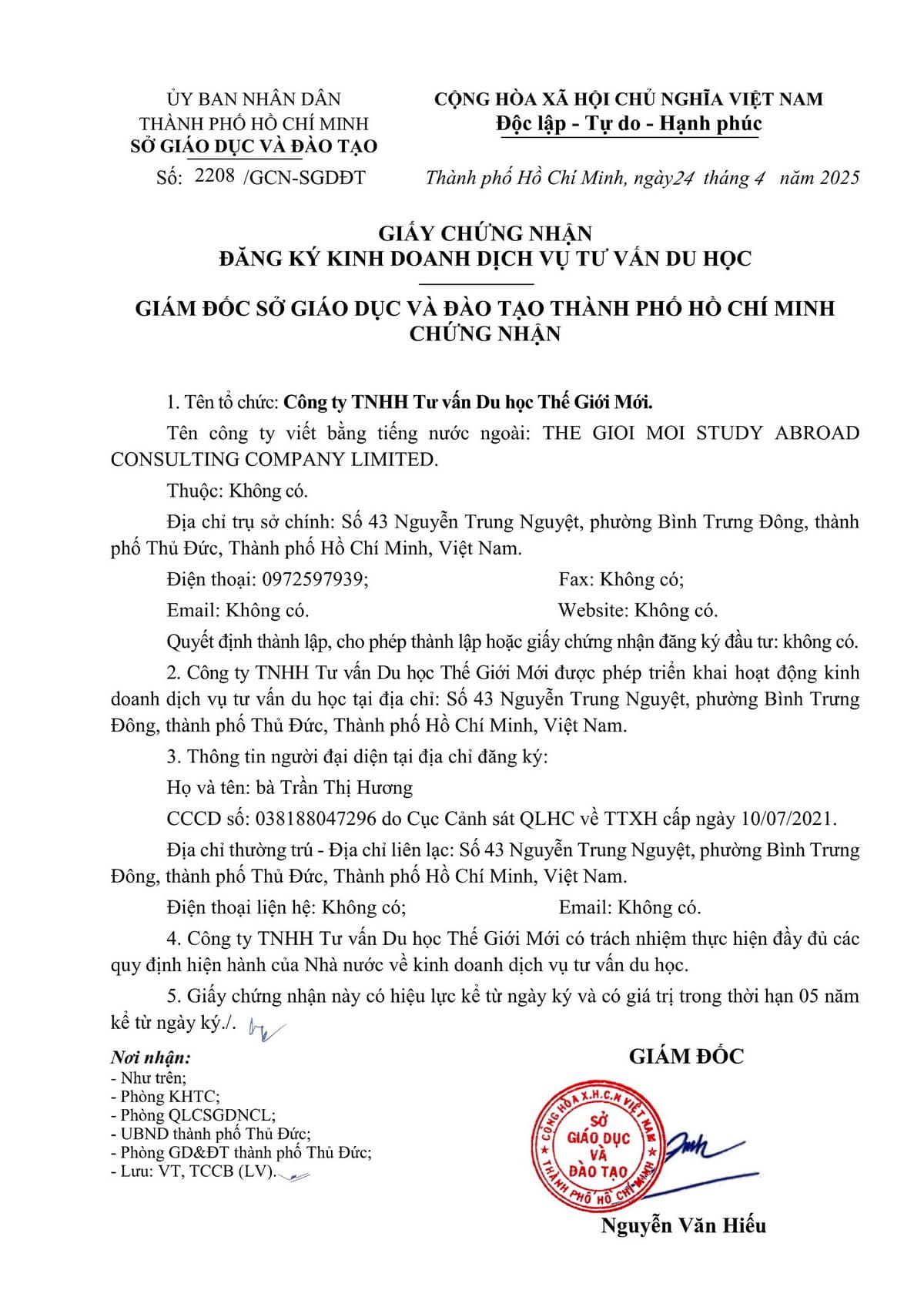 Giấy chứng nhận đăng ký dịch vụ tư vấn du học