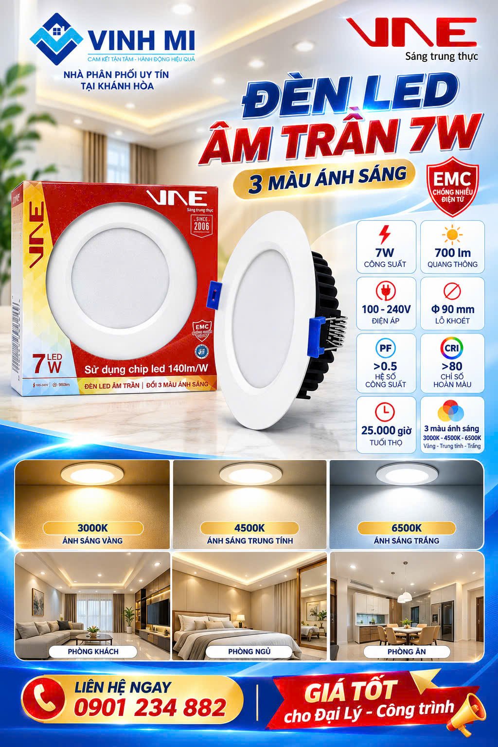 Đèn Âm trần 7W 3 màu mặt trắng trơn EMC