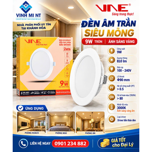 Đèn âm trần siêu mỏng 9W tròn, ánh sáng vàng, nhãn VNE(driver liền)