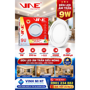 Đèn âm trần siêu mỏng 9w viền trắng, nguồn rời,Φ110