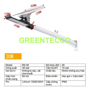 Đèn đường LED năng lượng mặt trời 30 wat cảm ứng hồng ngoại