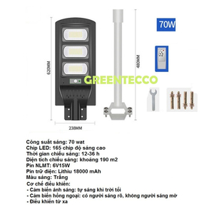 Đèn đường LED năng lượng mặt trời 70 wat cảm ứng hồng ngoại - tự sáng khi trời tối -điều khiển từ xa