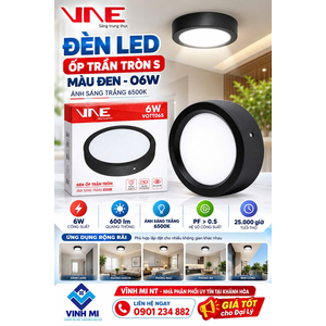 Đèn led ốp trần S, màu đen – 06w tròn, ánh sáng trắng