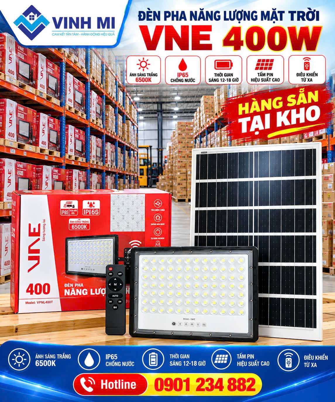 Đèn Năng Lượng Mặt Trời pha dày 400w màu trắng, nhãn VNE