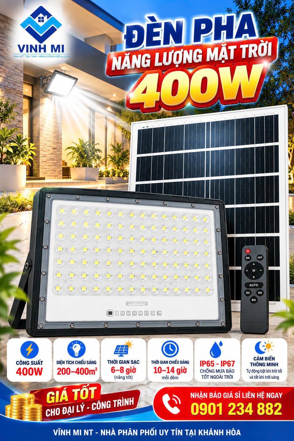 Đèn Năng Lượng Mặt Trời pha dày 400w màu trắng, nhãn VNE