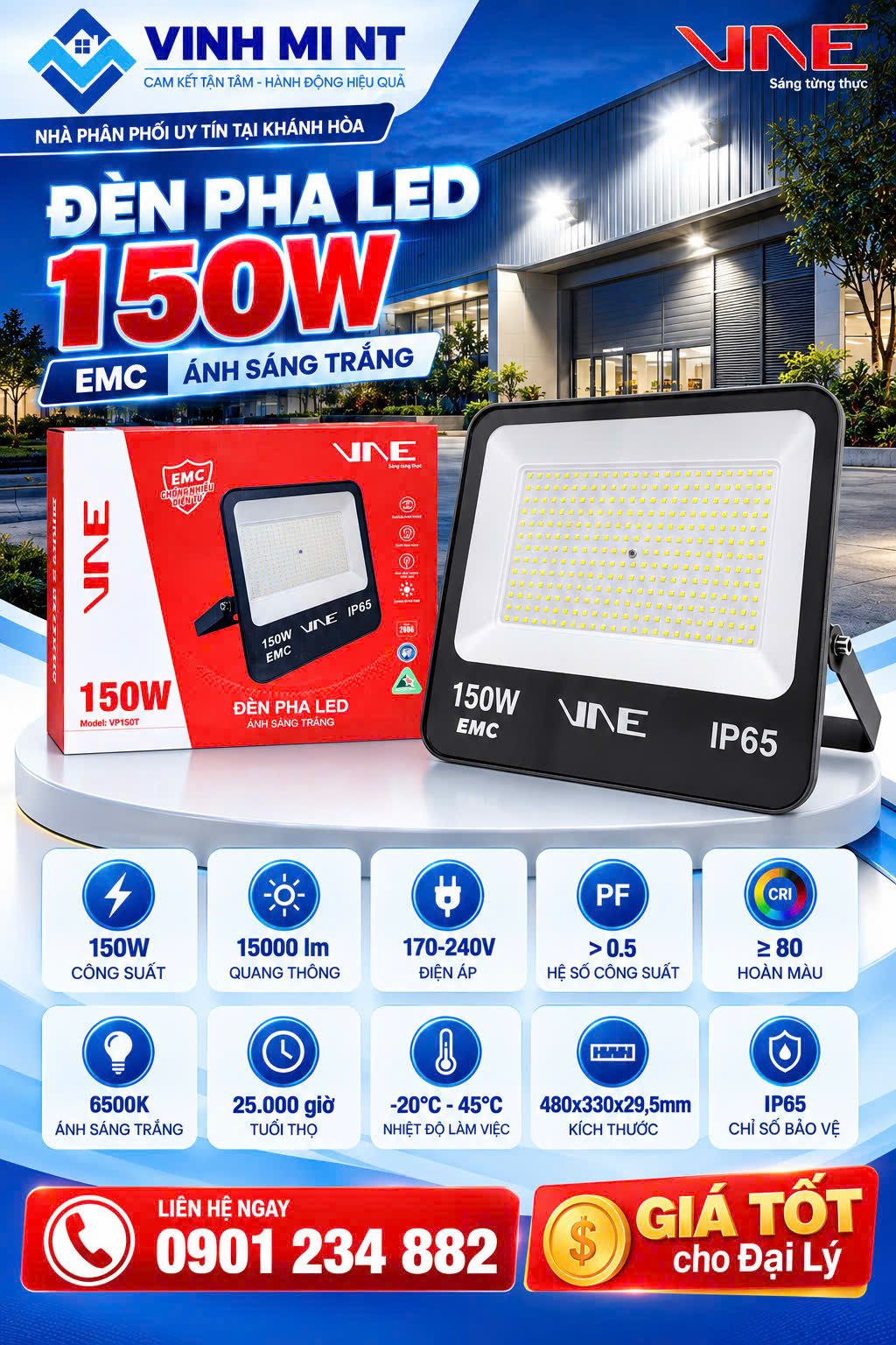 Đèn pha 150W, EMC, ánh sáng trắng, nhãn VNE
