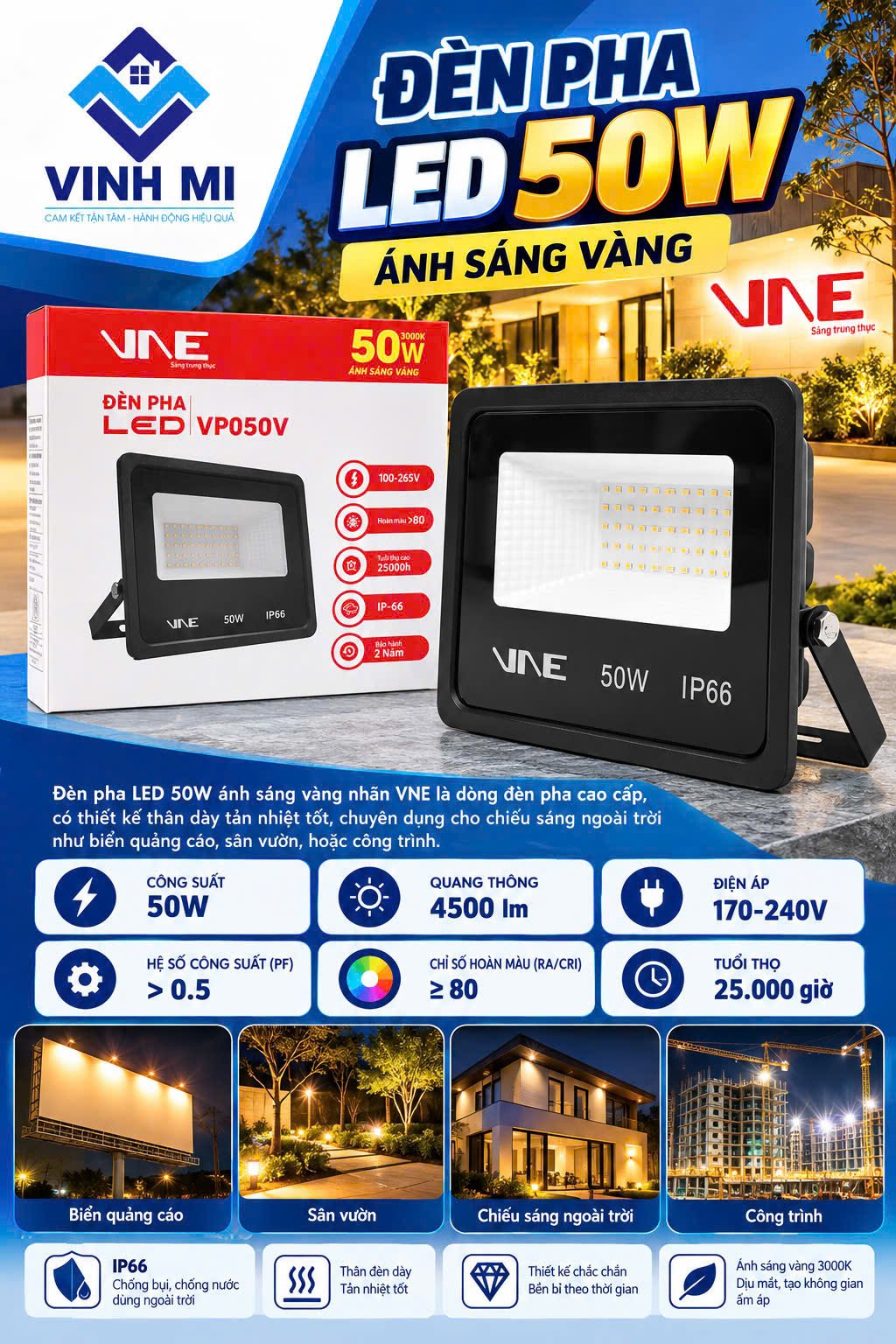 Đèn pha dày 50w màu vàng, nhãn VNE