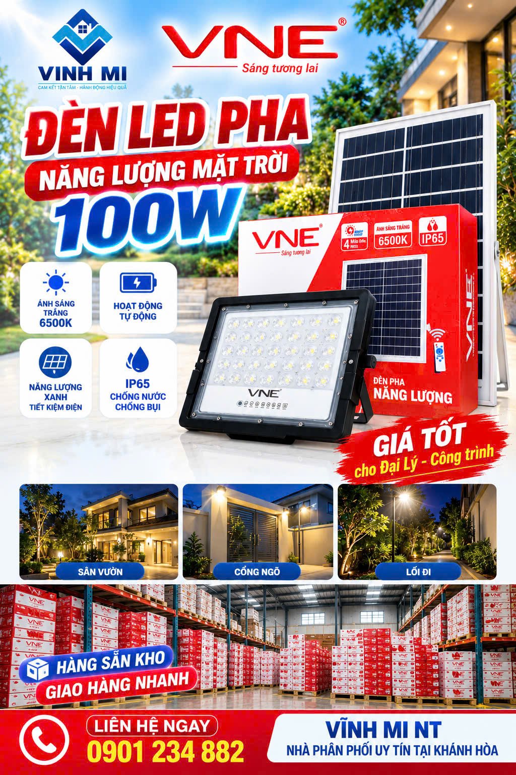 Đèn pha năng lượng mặt trời 100W nhãn hiệu VNE