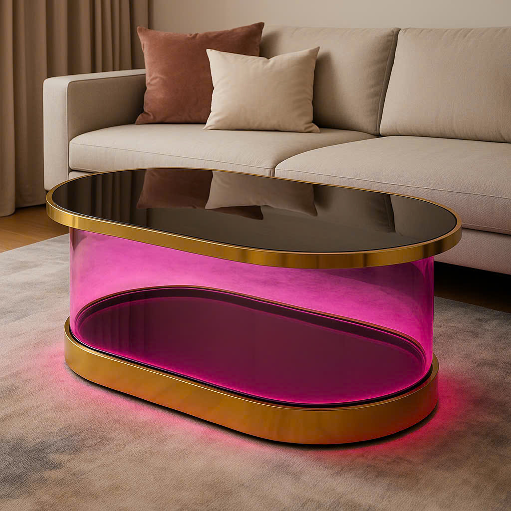 Khám phá bàn trà sofa oval LED hồng ánh tím cao cấp, thiết kế độc bản, khung vàng sang trọng. Sản xuất theo yêu cầu tại Citybuilding – giá xưởng – bảo hành 24 tháng.