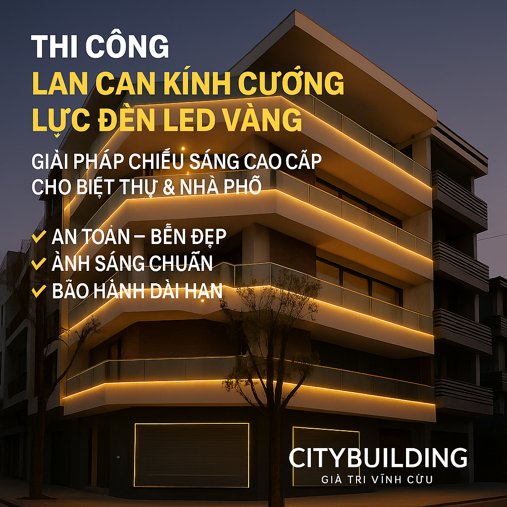 🔖 THI CÔNG LAN CAN KÍNH CƯỜNG LỰC ĐÈN LED VÀNG CITYBUILDING – GIẢI PHÁP CHIẾU SÁNG CAO CẤP CHO BIỆT THỰ & NHÀ PHỐ