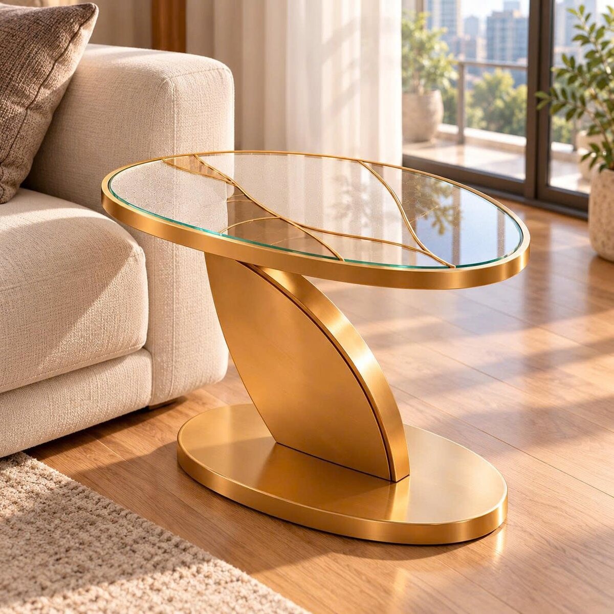 Phối cảnh bàn bên mặt kính oval và chân tạo hình lá màu vàng