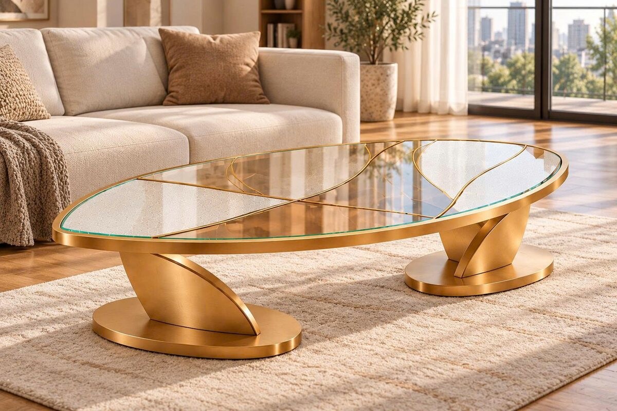Phối cảnh bàn trà mặt kính oval với hai chân tạo hình lá màu vàng