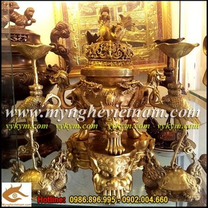 Đỉnh đồng song long đúc nổi cao 36cm, đỉnh đồng vàng