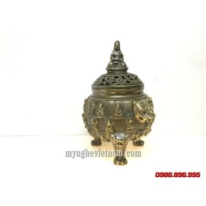 Đỉnh đốt trầm nắp Quan Âm Bồ Tát bằng đồng giả cổ đk 10cm