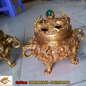 Đỉnh trầm cửu long tranh châu nắp ngọc,đỉnh xông trầm bằng đồng 12cm