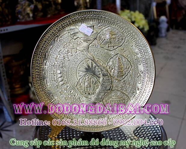 Đĩa đồng quà tặng mặt bản đồ Việt Nam đk 23cm, chế tác trên nền mặt trống đồng đông sơn, và 4 cảnh văn hóa nổi tiếng của việt nam