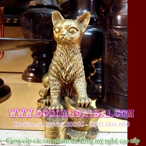 Tượng mèo đồng cao 20cm ngồi trên tiền vàng