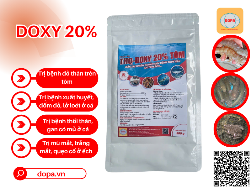 DOXY 20% TÔM (500G) – Giải Pháp Hiệu Quả Đặc Trị Đỏ Thân, Bệnh Xuất Huyết Trên Tôm, Cá, Ếch