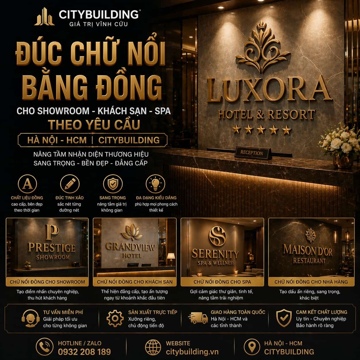 ĐÚC CHỮ NỔI BẰNG ĐỒNG CHO SHOWROOM KHÁCH SẠN SPA HÀ NỘI HCM CITYBUILDING