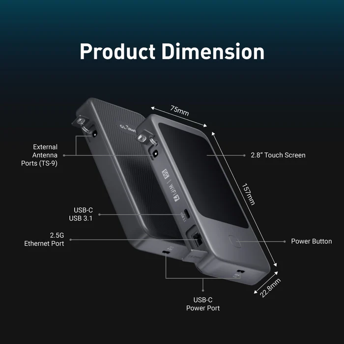 GL-Inet Mudi 7 (GL-E5800) | 5G NR Tri-band Wi-Fi 7 High-speed VPN, OpenVPN-DCO, Dual SIM Dual Standby, battery Up to 13.5hrs Run Time Travel Router