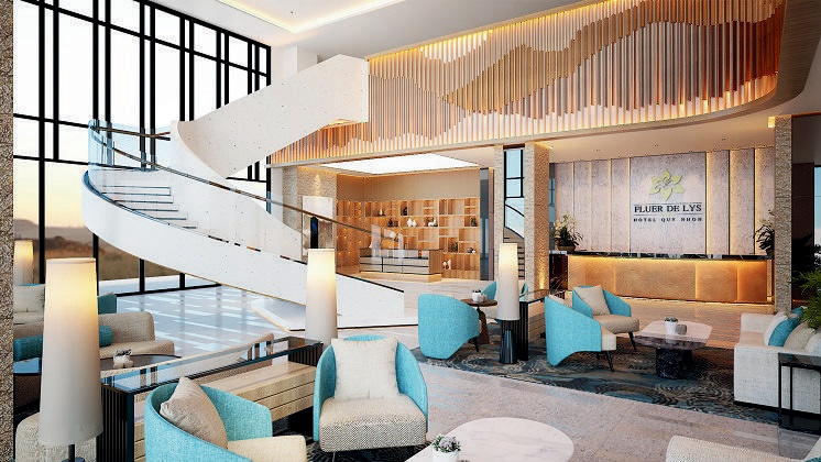 Fleur De Lys Quy Nhơn: kính cong cầu thang và inox trang trí
