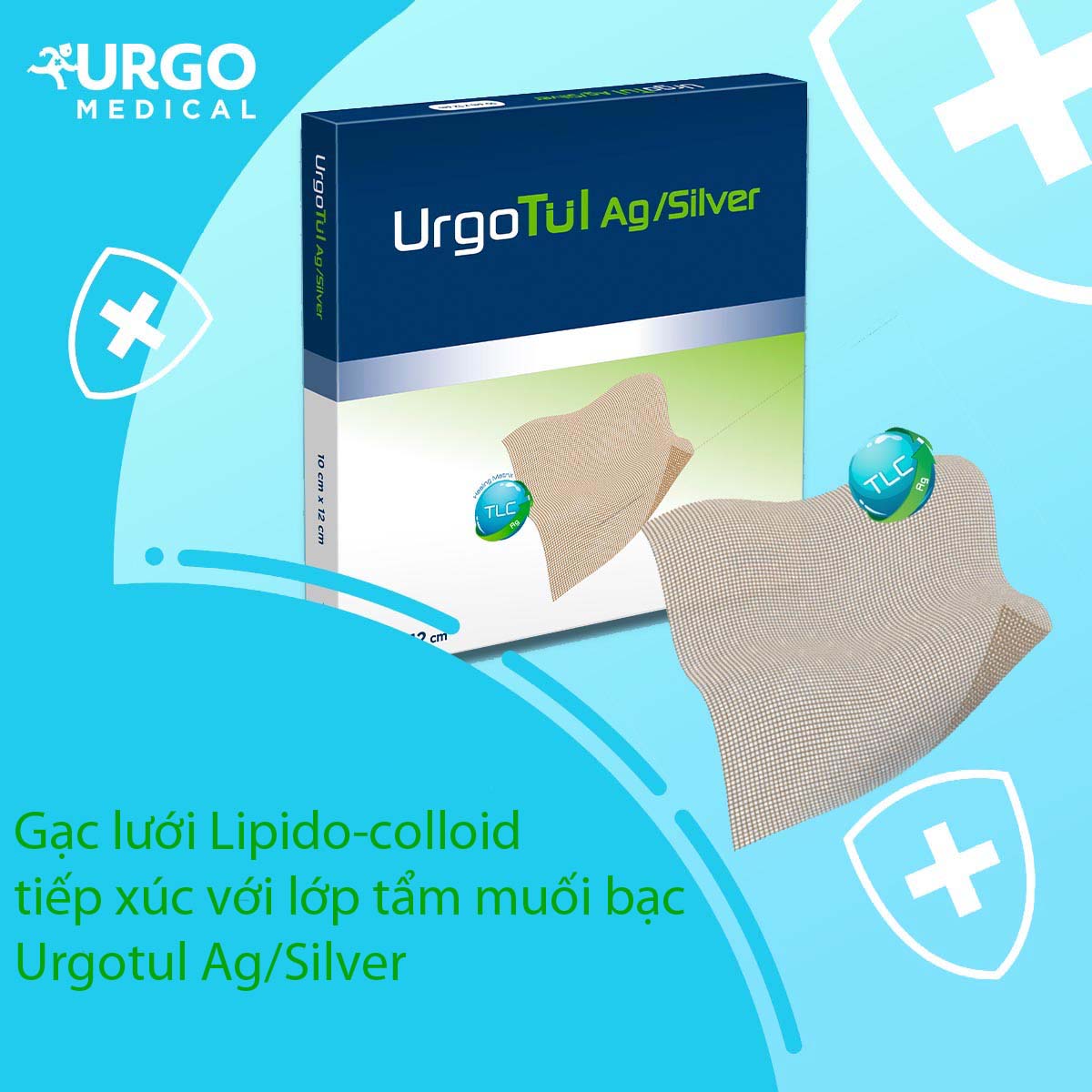 Gạc lưới Lipido-colloid tiếp xúc với lớp tẩm muối bạc Urgotul Ag/Silver