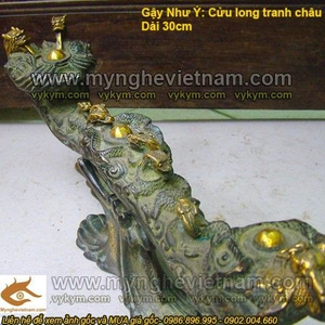 Gậy Như Ý Cửu Long – Giả cổ, xanh vàng, vật phẩm phong thủy bằng đồng