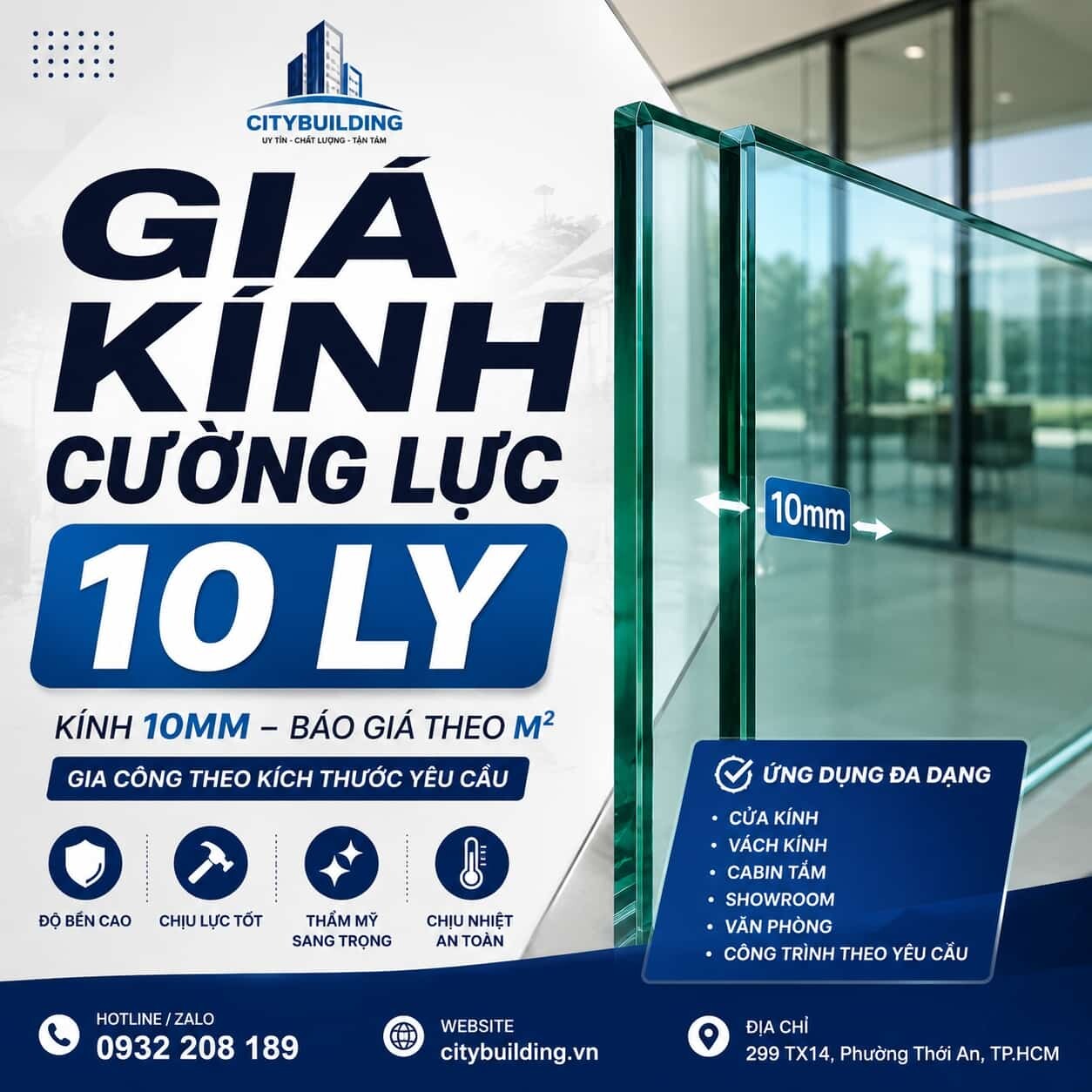 GIÁ KÍNH CƯỜNG LỰC 10 LY, KÍNH 10MM | CITYBUILDING