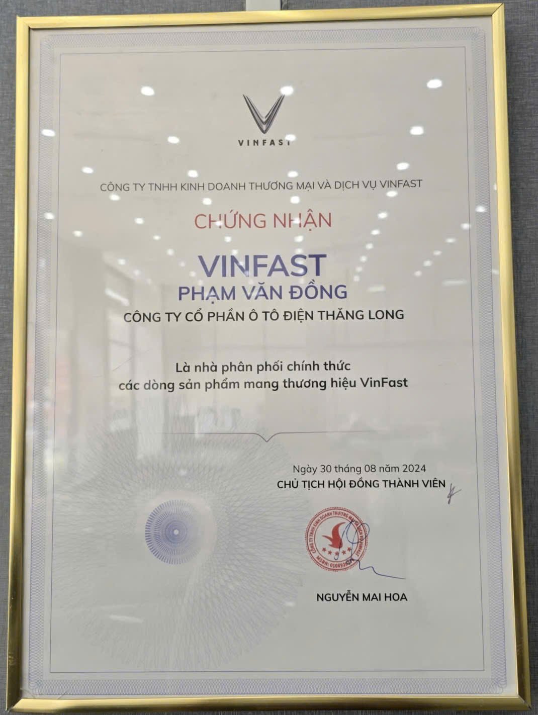 Giấy chứng nhận đại lý VinFast