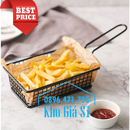 Giỏ inox chữ nhật màu đen có tay cầm đựng khoai tây chiên, gà rán KFC