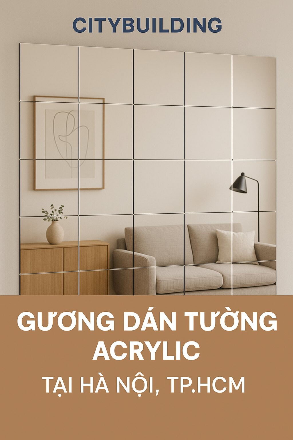 Minh họa gương chia ô phía sau sofa trong bài acrylic