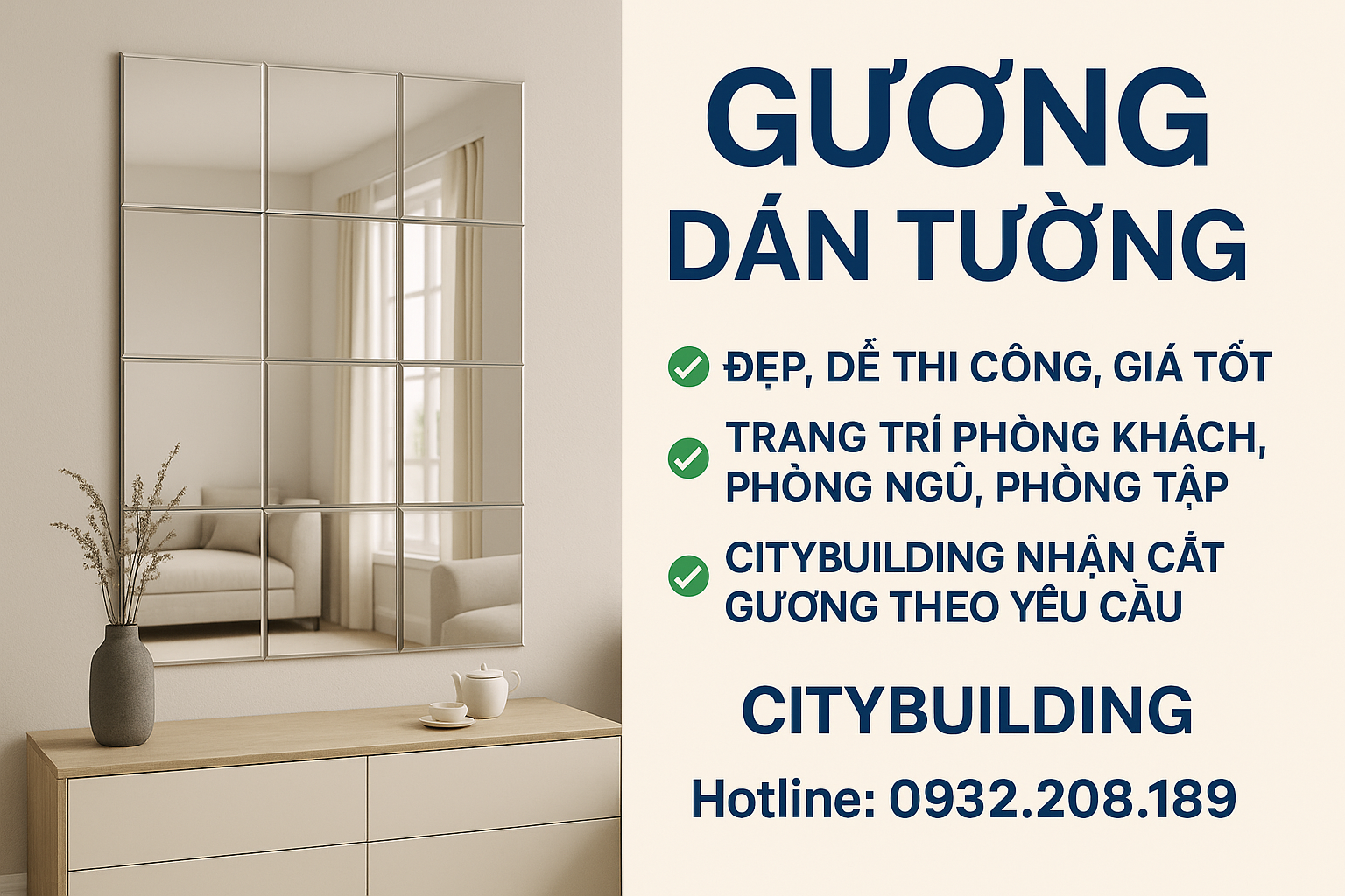 📌 Gương Dán Tường HCM, Hà Nội – Cắt Theo Yêu Cầu, Lắp Đặt Tại Nhà